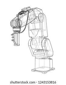 3D outline Robotic arm. Vector rendering of 3d. Wire-frame style. The layers of visible and invisible lines are separated