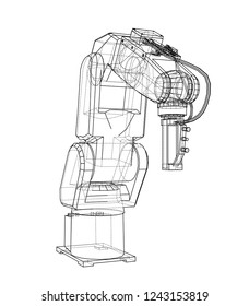 3D outline Robotic arm. Vector rendering of 3d. Wire-frame style. The layers of visible and invisible lines are separated