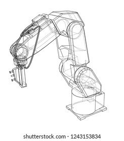 3D outline Robotic arm. Vector rendering of 3d. Wire-frame style. The layers of visible and invisible lines are separated