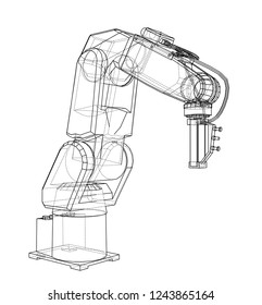 3D outline Robotic arm. Vector rendering of 3d. Wire-frame style. The layers of visible and invisible lines are separated