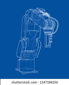 3D outline Robotic arm. Vector rendering of 3d. Wire-frame style. The layers of visible and invisible lines are separated