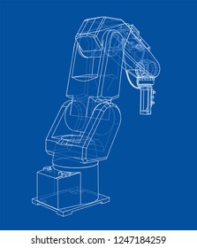 3D outline Robotic arm. Vector rendering of 3d. Wire-frame style. The layers of visible and invisible lines are separated