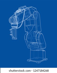 3D outline Robotic arm. Vector rendering of 3d. Wire-frame style. The layers of visible and invisible lines are separated