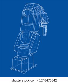 3D outline Robotic arm. Vector rendering of 3d. Wire-frame style. The layers of visible and invisible lines are separated