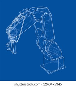 3D Outline Robotic Arm. Vector Rendering Of 3d. Wire-frame Style. The Layers Of Visible And Invisible Lines Are Separated