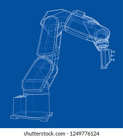 3D outline Robotic arm. Vector rendering of 3d. Wire-frame style. The layers of visible and invisible lines are separated