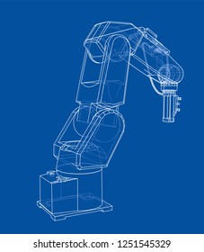 3D outline Robotic arm. Vector rendering of 3d. Wire-frame style. The layers of visible and invisible lines are separated