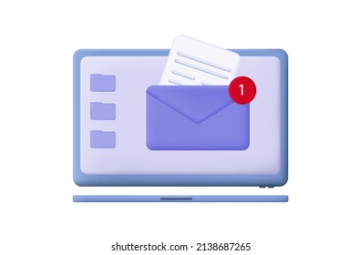 3d Outlook Email. Open Envelope With Business Document. Incoming Correspondence Online, Message, New Contact. Unread Email. Notification Or Reminder On Laptop Screen, User Interface, Outlook. Vector 