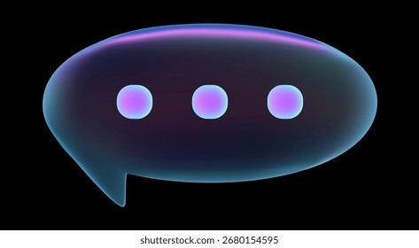 Burbuja de chat de neón ovalada 3D con puntos de mecanografía aislados en fondo oscuro para el mensajero y la interfaz de redes sociales