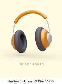 Auriculares 3D sobre los oídos en color de moda. Aparatos modernos en baterías. Equipo de DJ. Afiche comercial vertical con texto. Concepto de juego, cine, radio, música