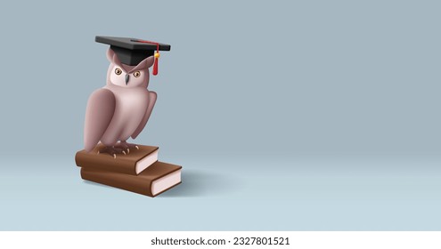 3d owl illustration with graduation cap sitting on books, brown colors, education concept