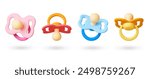 3d pacifier. Realistic render pacifiers for newborn. Toddler silicone rubber plastic soothie different rotation. Baby equipment pithy vector set