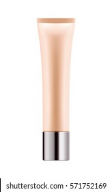 3D package for CC cream. Mock-up of realistic tube for makeup foundation for skin. Blank template of container for cosmetic product. Vector illustration isolated on white background.