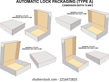 3D Packaging Box: Automatic Lock Packaging (Type A) 3D Box D70B. Material: E-Flute. Packaging Equipment Template: Concept Design, Industry, Business, Education.