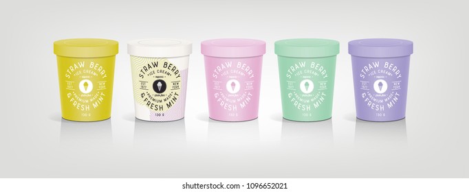 3d packaging design illustration template round bucket cylinder container ice cream yogurt pudding snack sweets lid spring bright pastel