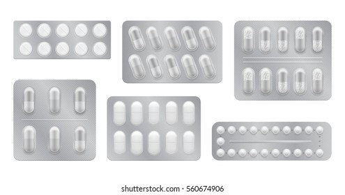3d packaging for drugs: painkillers, antibiotics, vitamins and aspirin tablets. Set of white blisters realistic icons with pills and capsules. Vector illustrations of pack isolated on background