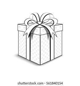 3d packaging Valentine's Day. Contour white packaging. Beautiful festive box tied with ribbon and bow on top. Gift with hearts for your loved one. Illustration for color book.