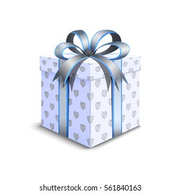 3d packaging Valentine's Day. Realistic white packaging. Beautiful festive box tied with ribbon and bow on top. Gift with hearts for your loved one.
