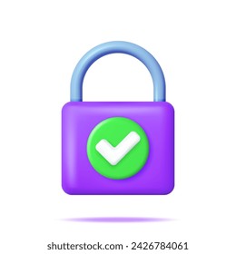 3D Padlock with Approved Checkmark Isolated. Render Pad Lock Icon with Approval Check Mark. Concept of Security, Protection and Confidentiality. Safety, Encryption and Privacy. Vector Illustration