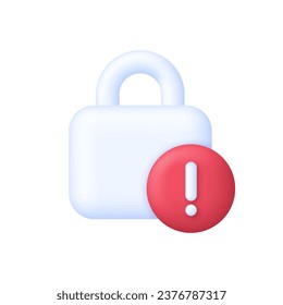 3D-Padlock und Ausrufezeichen. Cybersicherheit zum Schutz personenbezogener Daten. Padlock-Symbol. Informationsschutz, Sicherheit im Internet. Trendvektor im 3D-Stil.