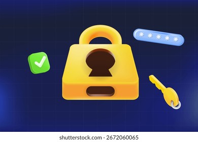 Candado 3D con asterisco de Contraseña, llave e ícono de marca de verificación Seguridad, privacidad, ciberseguridad y acceso seguro