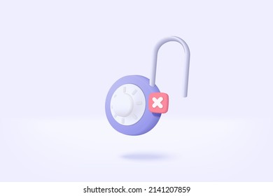 3D padlock for password unsecure online on white background. Closed padlock sign. Cyber security digital data protection minimal concept. 3d security protection on isolated vector render illustration