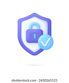 3D Padlock security icon. Shield with padlock symbol. Cyber security to Protect Personal Data. Padlock icon. Information protection, security in the Internet. Trendy and modern vector in 3d style