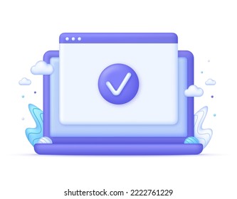 3D Page and check mark icon on Computer. Approved icon. File, checklist, document, form, plan. Document agreeing and signing offer. Can be used for many purposes. Vector in 3d style