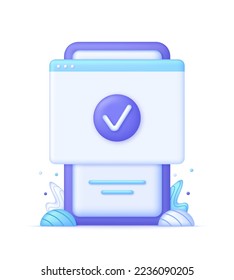 3D Page and check mark icon on Phone. Approved icon. File, checklist, document, form, plan. Document agreeing and signing offer. Can be used for many purposes. Vector in 3d style