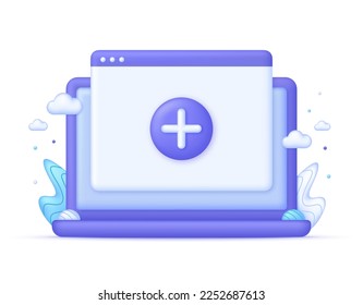 3D-Seite plus auf dem Computer hinzufügen. Neue Dokumentillustration. Kann für viele Zwecke verwendet werden. Trendy und moderne Vektorgrafik im 3D-Stil.