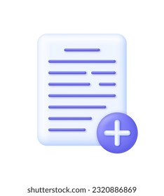 3D Page plus icon. Add new document illustration. Trendy and modern vector in 3d style.