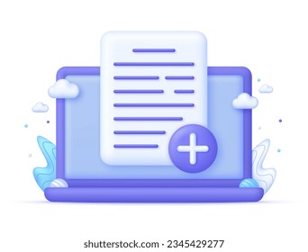 3D Page plus on Computer. Add new document illustration. Trendy and modern vector in 3d style.