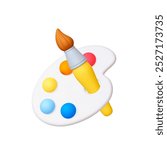 3d Paint palette and brush, painting supplies 3d icon. Drawing tool, white plastic palette with dots of color paints. Isolated realistic render vector elements