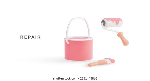 3d Paint roller, Paint brush and paint cans. Vector illustration.