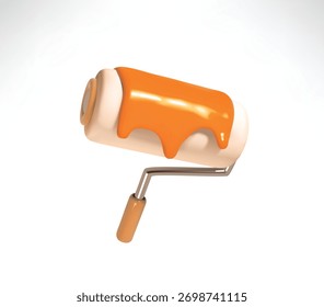Rodillo de pintura 3D con pintura naranja goteante aislada sobre fondo blanco ilustración de ícono de Vector.