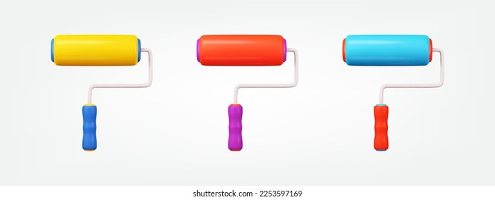 3d paint roller icon set. realistic vector illustration. design elements collection in cartoon minimal style