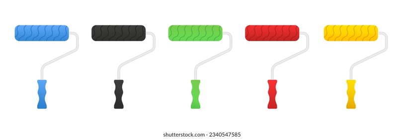 3d paint roller icon set. Design elements collection in cartoon minimal style. Black Paint roller brush icon isolated on white background. Set icons colorful. Vector illustration