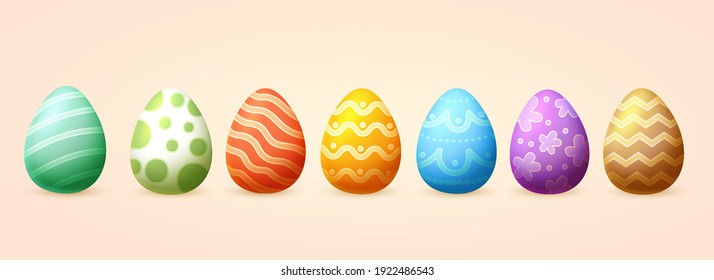 3d painted Easter egg collection isolated on beige background. Holiday elements suitable for greeting card or invitation decoration.