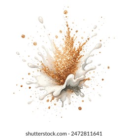 3d Painting watercolor splash splatter spot blot drops pattern with gold glitters. Isolated hand drawn water color splash on white vector background. Decorative luxury glittery design. Ornate texture.