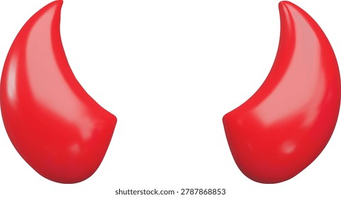 A 3D pair of glossy red devil, demon, or satanic horns. Halloween, carnival attribute, masquerade costume. Religious and gothic theme. Vector cartoon illustration. Plastic style. Icon. Render.