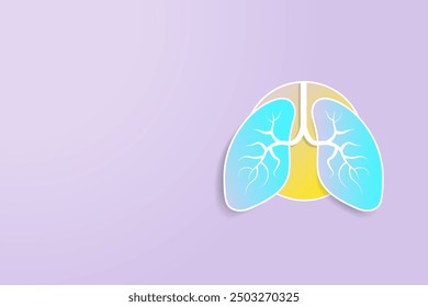 3D Pair of lungs on blue background. Pop out lung with yellow circular frame. Respiratory health background template with copy space. Medical banner for lung healthcare. Vector Illustration. 