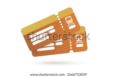 3d pair of train tickets in orange and yellow tones, representing railway travel, commuting, and public transportation. 3d subway ticket icon in vector illustration
