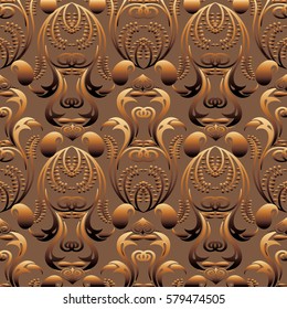 3d paisley seamless pattern. Golden brown monochrome modern background wallpaper with vintage surface gold ornaments in antique style. Luxury vector  texture for fabric, textile. 