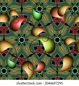 3d Paisley seamless pattern. Ornamental colorful bright vector background. Repeat tribal ethnic style fractals backdrop. Beautiful surface 3d paisley flowers. Decorative floral ornament. Modern design