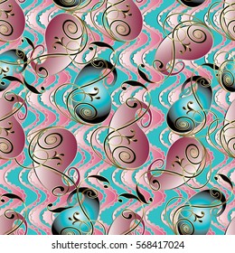 3d paisley seamless pattern. Surface  background with light blue and pink vertical striped waves.. Ornate modern wallpaper with  abstract floral ornaments.  Vector luxury fabric texture.