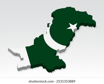 Mapa 3D de Pakistán con bandera. Mapa tridimensional de Pakistán con sombra. Bandera de Pakistán en el fondo blanco para su diseño, App, UI. Vector de valores. EPS10. 