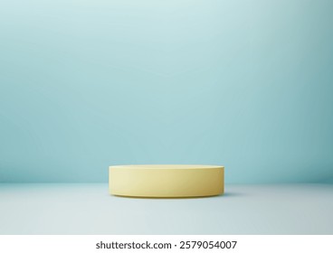 3D pale yellow cylindrical podium stands in minimalist space with a light blue background. Ideal for product display, branding mockups, and elegant marketing visuals