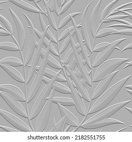 3d Palm leaves and branches textured seamless pattern. Tropical palm leaves relief white background. Repeat embossed backdrop. Surface leaves, branches. 3d leafy floral ornament with embossing effect.