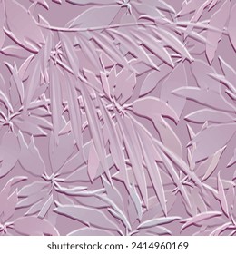 3d Palm leaves and exotic flowers tropical hand drawn emboss seamless pattern. Vector embossed botanical background. Floral  repeat surface ornaments with drawing palm leaves, branches, flowers.