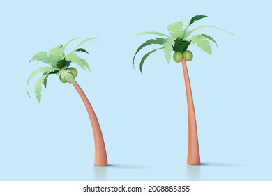 3d palm tree or coconut tree collection for island or beach vacation decoration. Nature elements isolated on blue background.